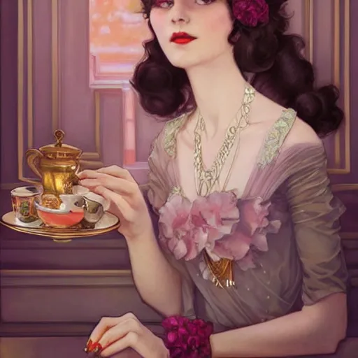 Image similar to 1920s girl ready for fancy afternoon tea with friends, highly detailed, digital painting, cgsociety, concept art, sharp focus, illustration, art by artgerm and greg rutkowski and alphonse mucha