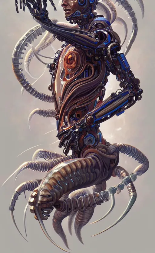 Image similar to Cyborg biomechanical jellyfish scorpion, sci-fi, highly detailed, digital painting, artstation, concept art, smooth, sharp focus, illustration, art by artgerm and greg rutkowski and alphonse mucha