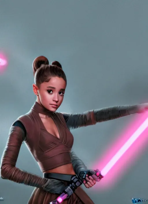 Image similar to Still action photo of Ariana Grande in the Star Wars universe holding two pink lightsabers in each hand. Maximum detail on artstation, photo realism, vivd details, vivd colour, volumetric lighting