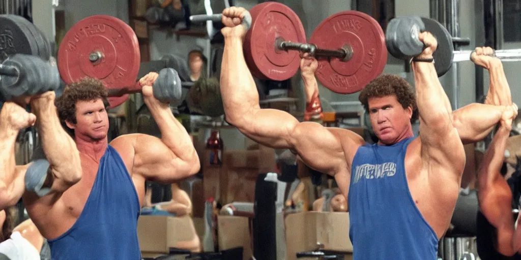 Image similar to Will Ferrell lifting weights in the style of Pixar