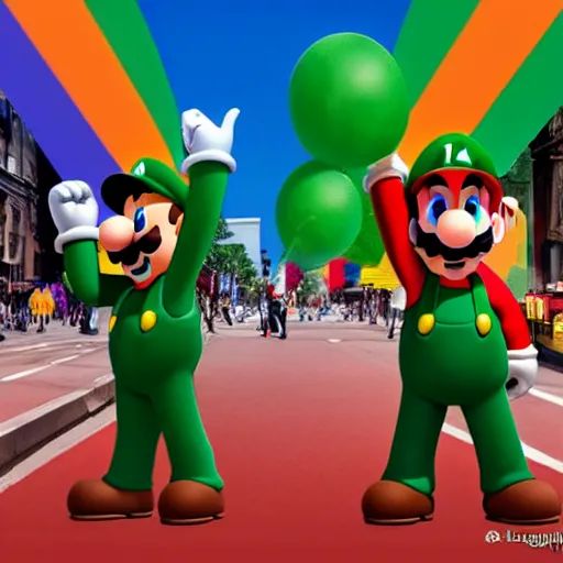 Image similar to Mario and Luigi attending Christopher Street Day, dramatic lighting, cinematic, photorealistic, award-winning, 4K