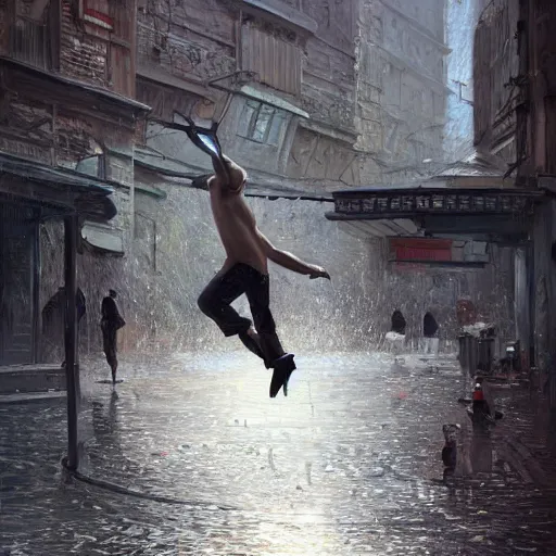 Image similar to a highly detailed epic cinematic concept art CG render digital painting artwork inspired by Henri Cartier-Bresson's Behind the Gare Saint-Lazare, man jumping over a puddle of water. By Greg Rutkowski, Ilya Kuvshinov, WLOP, Stanley Artgerm Lau, Ruan Jia and Fenghua Zhong, trending on ArtStation, made in Maya, Blender and Photoshop, octane render, excellent composition, cinematic atmosphere, dynamic dramatic cinematic lighting, aesthetic, very inspirational, arthouse