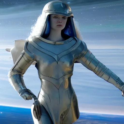 Image similar to Elle Fanning as a Valkyrie in space, by Edward Hopper, Extremely detailed. 4K. Award winning.