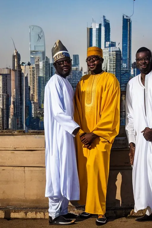 Prompt: nigerian men with white robes and golden angels wings in front of a city skyline