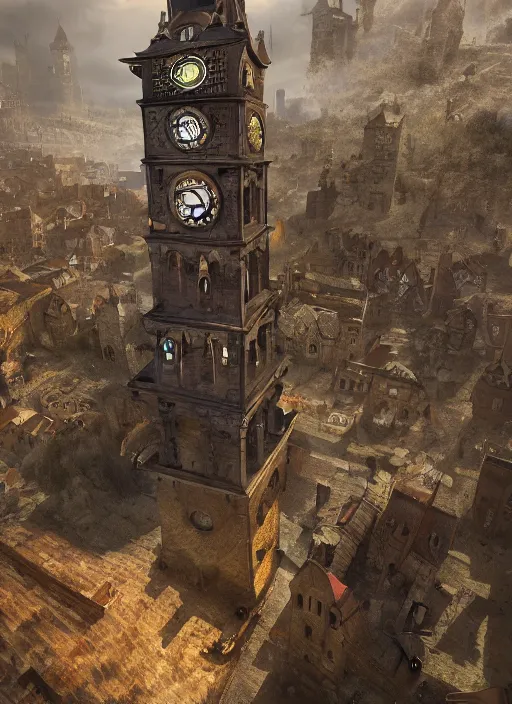 Prompt: tall stone clock tower flying above a medieval town, fantasy, hyperdetailed, artstation, cinematic lighting, digital art, 8 k