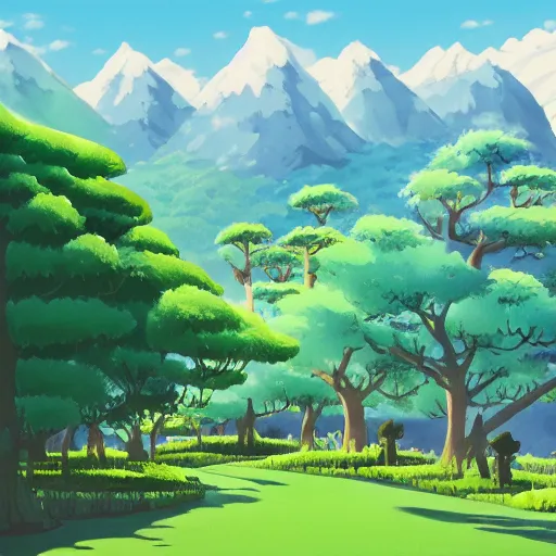 Prompt: landscape by miyazaki, 2 d background art gouache painting by disney