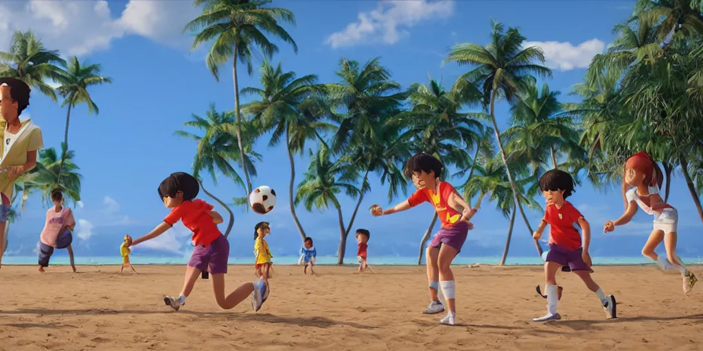 Image similar to a film still of a scene, where children playing football and badminton, a sunny and colourful beach scene in hawaii, the weather is very windy. wide shot, wes anderson, studio ghibli, pixar and disney animation, sharp, rendered in unreal engine 5, anime key art by greg rutkowski, bloom, dramatic lighting