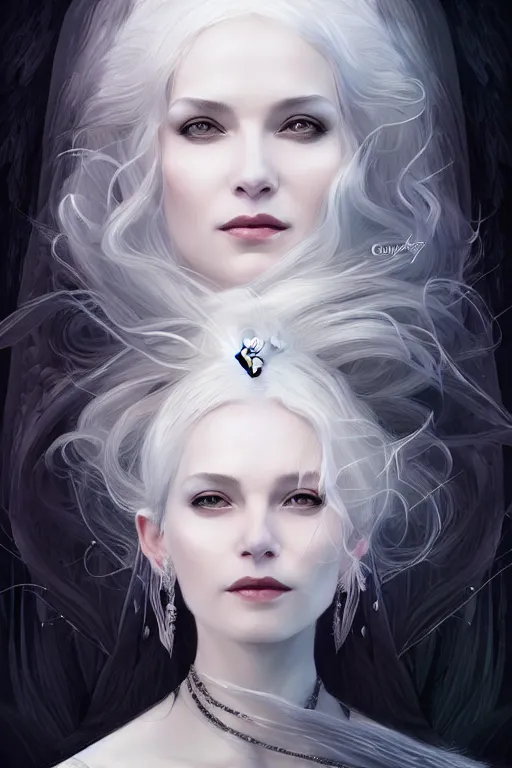 Prompt: a portrait of white witch queen with raven, fantasy, sharp focus, intricate, elegant, digital painting, artstation, matte, highly detailed, concept art, illustration, ambient lighting, art by ilya kuvshinov, artgerm, jingna zhang, and greg rutkowski