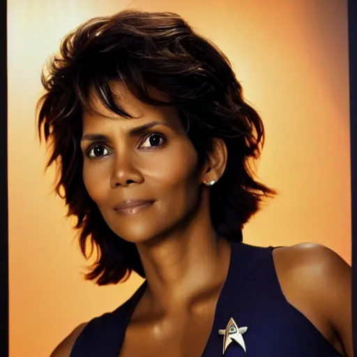 Image similar to a beautiful full body photograph of halle berry as a star fleet officer from star trek next generation, symmetrical face, extreme realism and detail, 8 k, completely framed, direct lighting, 3 5 mm photo, photorealistic, sharp focus