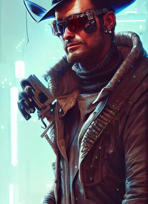 Image similar to cyberpunk cowboy, au naturel, hyper detailed, digital art, trending in artstation, cinematic lighting, studio quality, smooth render, unreal engine 5 rendered, octane render, art style by klimt and nixeu and ian sprigger and wlop and krenz cushart