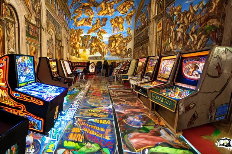 Prompt: the sistine chapel sanctuary converted into a retro videogame arcade with pinball tables, game cabinets, pachinko contraptions, crowded room of people playing