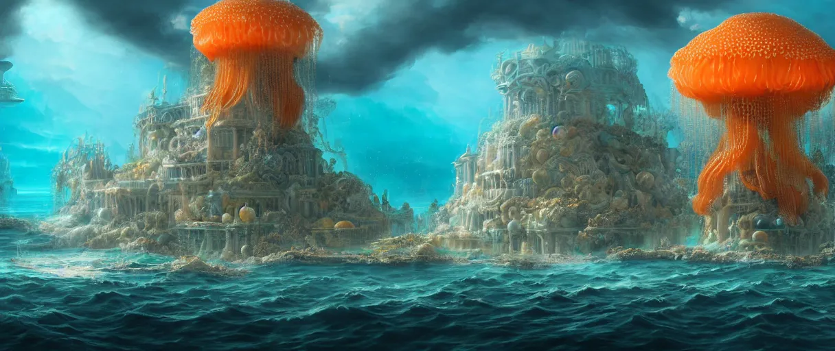 Prompt: hyperrealistic hyper detailed underwater neo-rococo city of atlantis surrounded by giant pearlescent jellyfish matte painting concept art maciej kuciara gustave courbet cinematic soft orange lighting low angle hd 8k sharp shallow depth of field