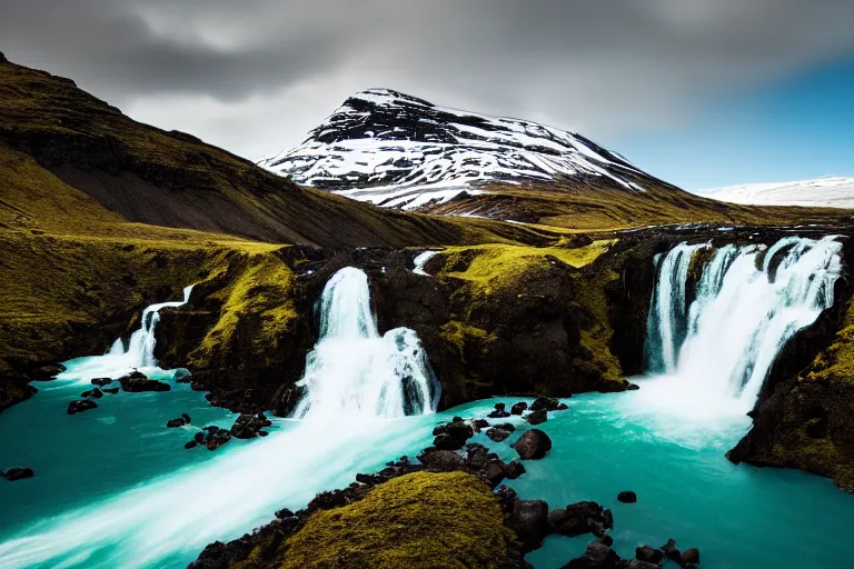 Prompt: photo of a landscape with mountains with waterfalls and snow on top, wallpaper, very very wide shot, blue glacier, iceland, new zeeland, green flush moss, professional landscape photography, sunny, day time, beautiful