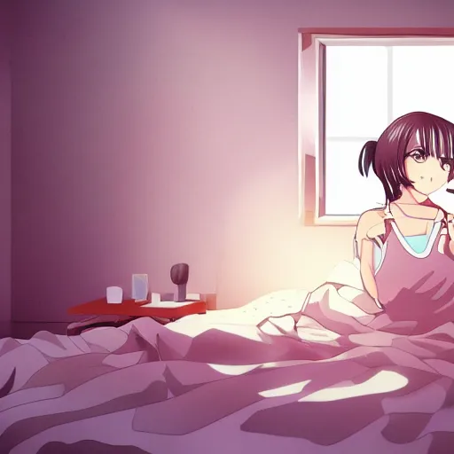 Image similar to cute art of a beautiful anime girl watching tv inside a bedroom, aesthetically pleasing, detailed,