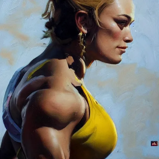 Image similar to greg manchess portrait painting of confident keira knightley as beautiful thick female bodybuilder zarya from overwatch, medium shot, asymmetrical, profile picture, organic painting, sunny day, matte painting, bold shapes, hard edges, street art, trending on artstation, by huang guangjian and gil elvgren and sachin teng