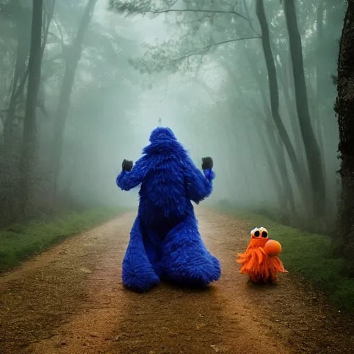 Image similar to a large orange kitsune muppet wearing a dark hooded cloak and herding a bunch of random muppet animals following behind through a dark foreboding misty blue forest, sesame street, photograph, photography, ultrarealistic, national geographic