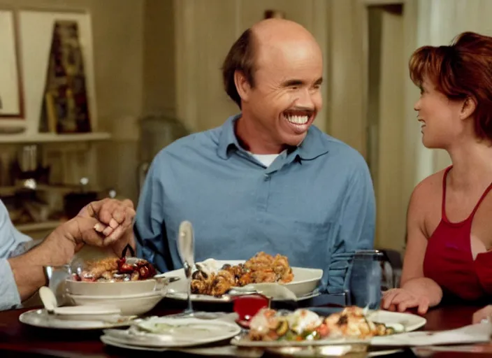 Image similar to film still of Clint Howard and Isla Fischer having dinner in the new You've Got Mail movie, 4k