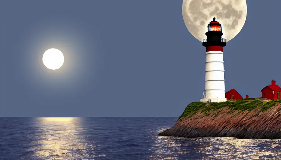 Prompt: a large full moon over a lighthouse out at sea, digital art, highly detailed, realistic, bright colors, 8 k