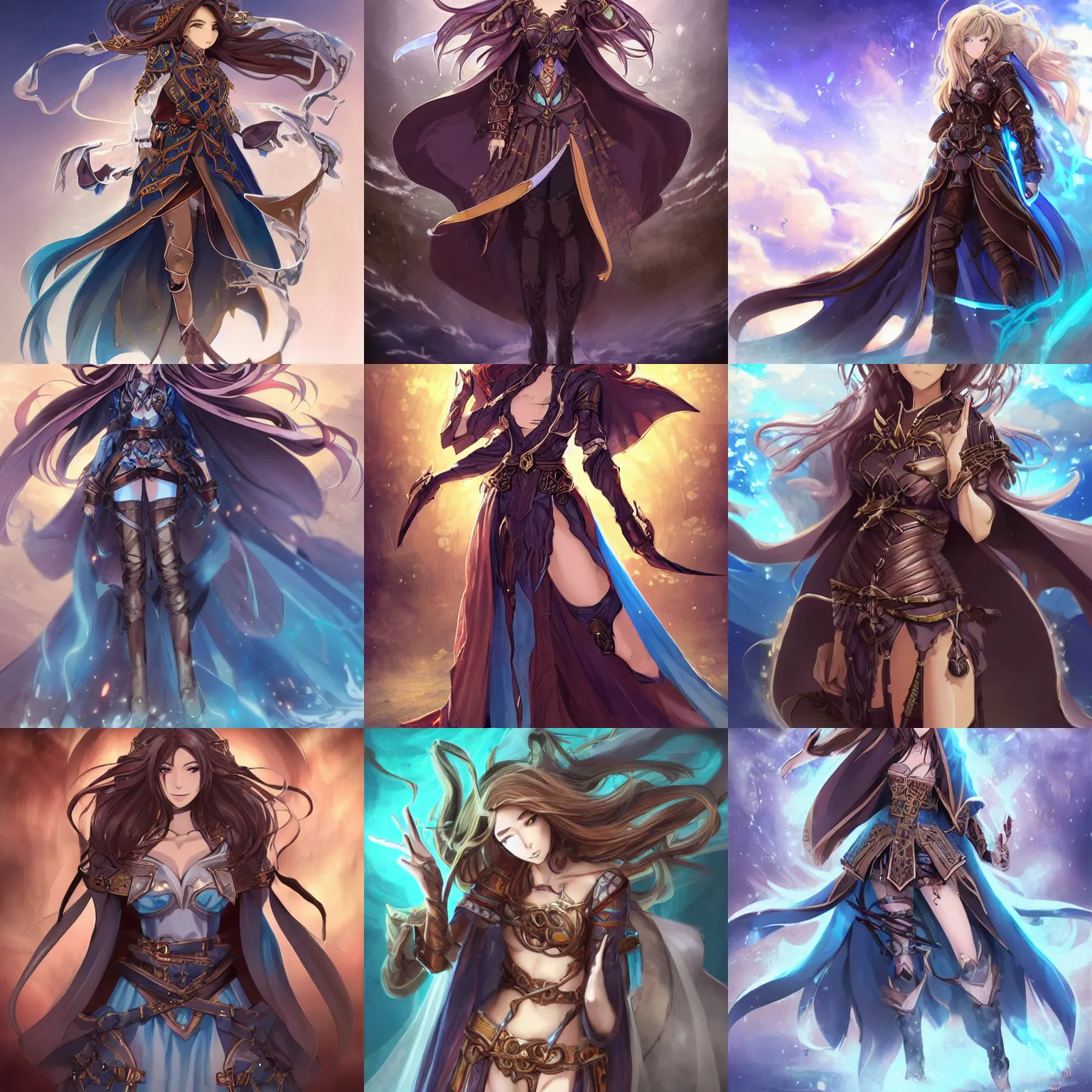 Prompt: “A detailed gorgeous beautiful anime woman with brown flowing hair, mage , long blue cape, decorative leather armor, excellent detail, action pose, surrounded by a catacomb of books, high quality, Full-body character portrait, character concept art, in the style of rossdraws, trending on artstation, hyper detailed, official art”