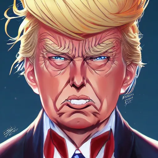 Image similar to anime portrait of trump x elon hybrid as an anime antagonist by Stanley Artgerm Lau, WLOP, Rossdraws, James Jean, Andrei Riabovitchev, Marc Simonetti, and Sakimichan, trending on artstation