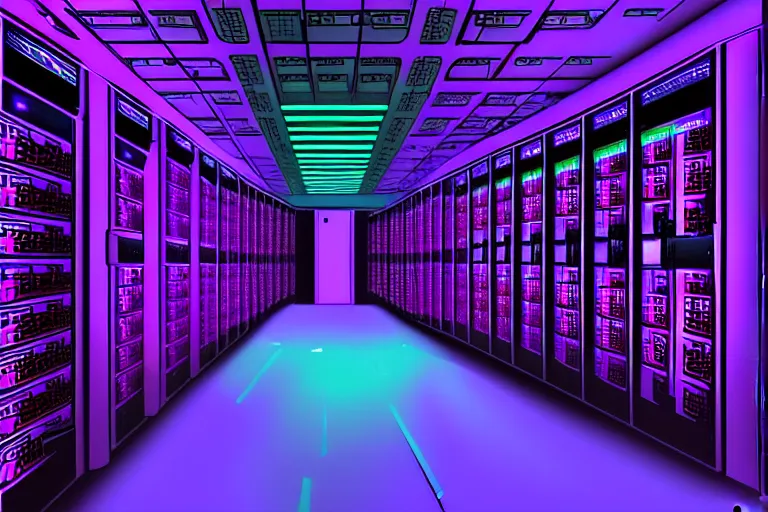 Image similar to realistic robot in a data server room, neon and dark, purple and blue color scheme, by dan mumford and malevich