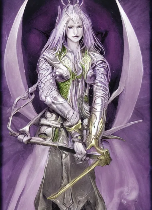 Image similar to portrait of young female prophetess of the endtimes, transluscent skin, silver filigreed armor, lavender hair, beautiful! coherent! dungeons and dragons character, by brian froud, strong line, cool night color, high contrast