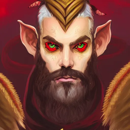 Image similar to dnd portrait of a tiefling, male, red scales, a big black beard, completely golden eyes, 2 curved horns growing out of his forehead,