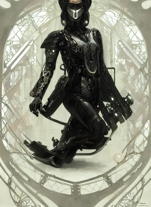 Image similar to a cyborg with mask, black leather garment with art nouveau ivory accessories, cyberpunk, darksynth, luxury, concept art by jama jurabaev, extremely detailed, ominous, ethereal, andree wallin, edvige faini, masamune shirow, alphonse mucha