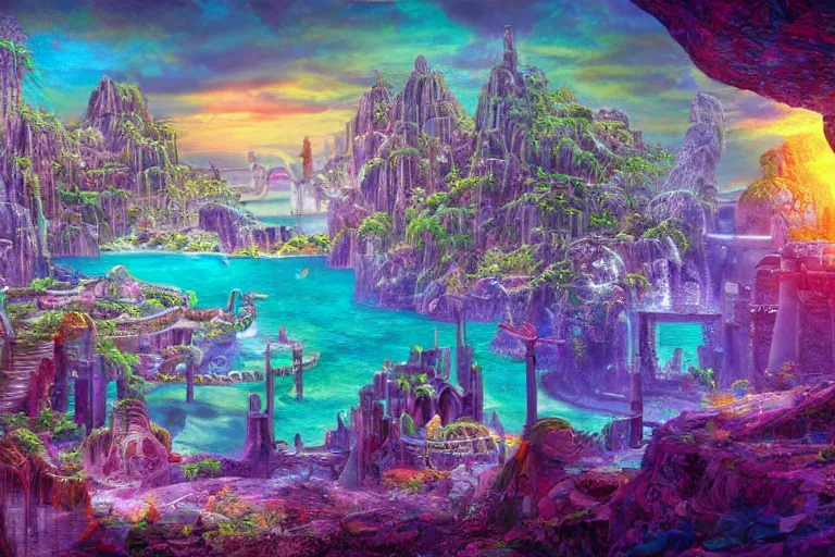 Image similar to lost city of atlantis, hyper realism, colorful, 8 k, realistic, psychedelic