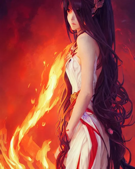 Image similar to beautiful long haired anime girl, fire dress, flames everywhere, highly detailed, digital painting, artstation, concept art, smooth, sharp focus, illustration, art by artgerm and greg rutkowski and alphonse mucha