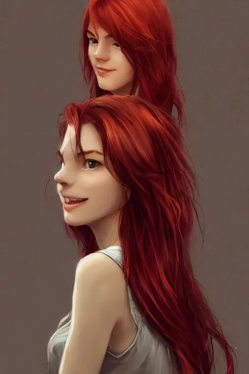 Image similar to beautiful cute red haired joyful and playful nineteen year old maiden standing up in casual green clothing, long hair, attractive face, modern city, comic book, rpg character, sci - fi, intricate, elegant, digital painting, artstation, concept art, smooth, 8 k frostbite 3 engine, ultra detailed, art by artgerm, greg rutkowski, magali villeneuve
