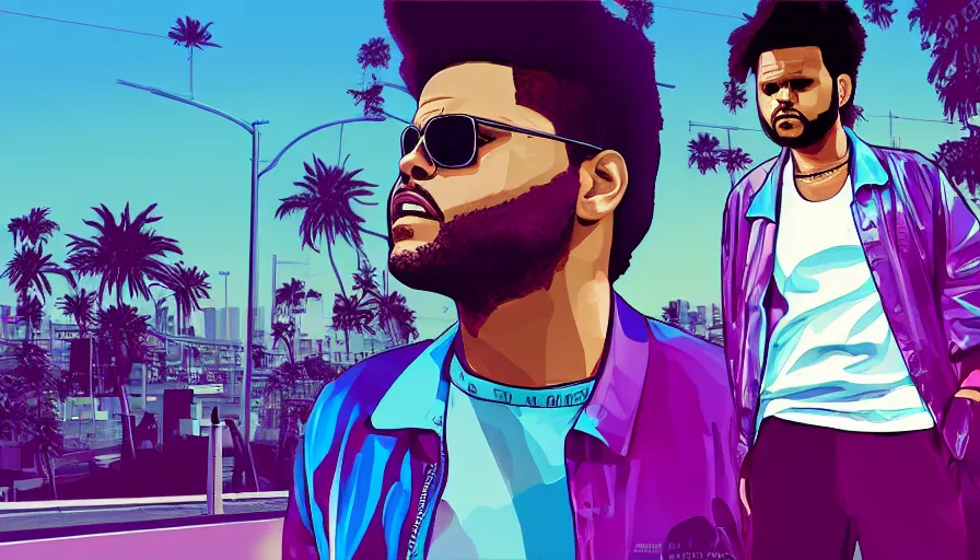 Image similar to the weeknd in the style of gta vice city artwork, digital art