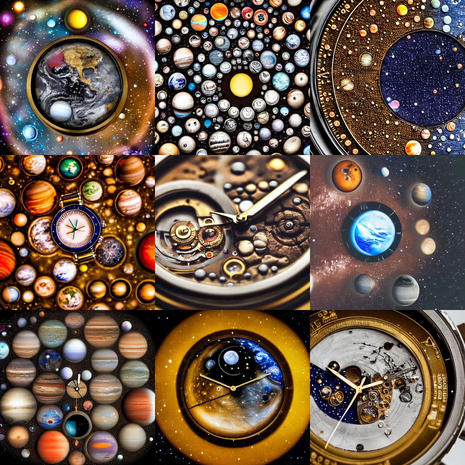 Prompt: Macro photograph of a watch made of planets, moons, miniature cosmos, complexity