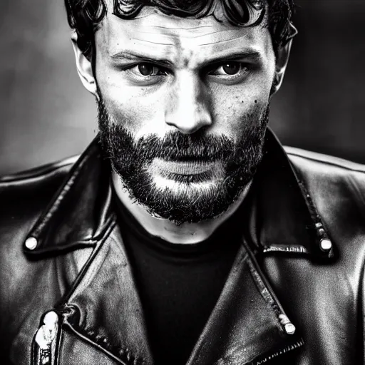 Image similar to Jamie Dornan in a motorcycle biker costume, highly detailed, detailed face, cinematic, professional photograp