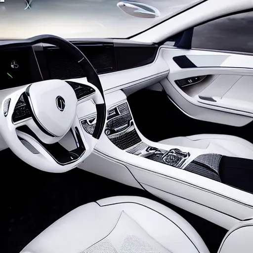 Image similar to cinematic photoshoot of clean modern hand crafted super futuristic tech luxury car interior pro display xpr luxury smooth color metal white silver with black leather padding well design ultrareallistic detailed high quality 8 k photorealistic ultra realistic