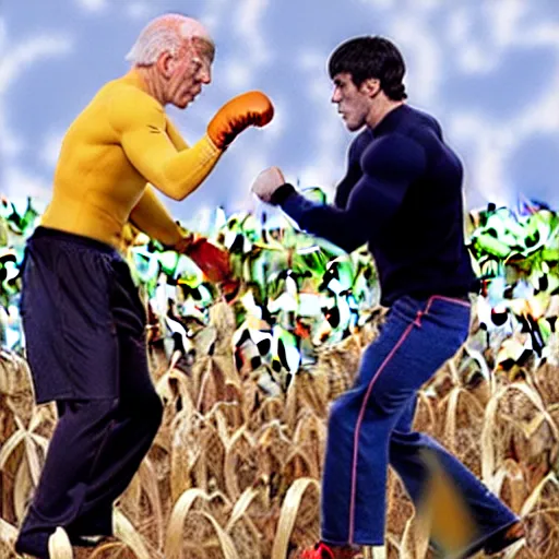 Image similar to rocky balboa punching joe biden in the middle of a corn maze