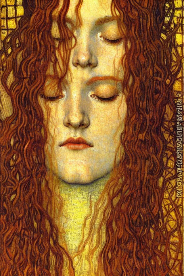 Image similar to detailed realistic beautiful young medieval queen face portrait by jean delville, gustav klimt and vincent van gogh, art nouveau, symbolist, visionary, gothic, pre - raphaelite, muted earthy colors, desaturated