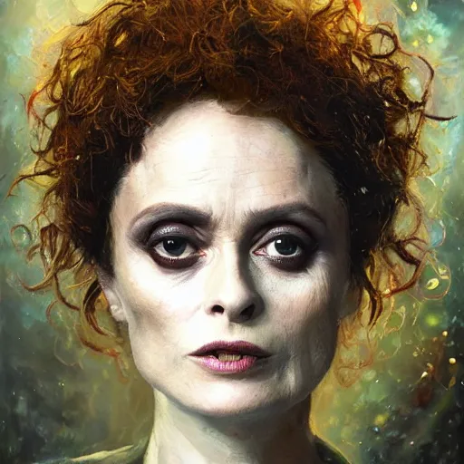 Prompt: impressionist oil painting, alien dark fae girlboss based on helena bonham carter mixed with sigourney weaver, bumpy mottled skin, big black feathered wings instead of arms, body horror, by yoshitaka amano, by greg rutkowski, by jeremy tv lipkinng, by artgerm, digital art, octane render