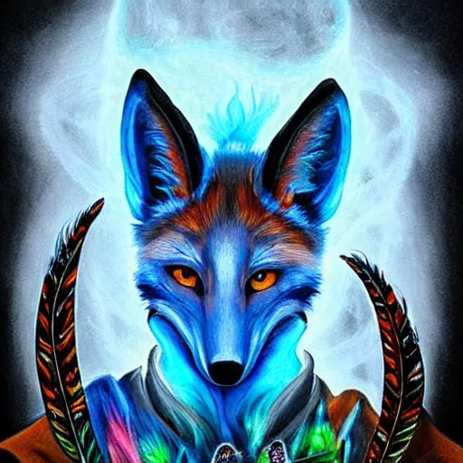 Prompt: a stylized realistic blacklight painting of an avatar of an awesome powerful cosmic horror foxfolk mage with a fox skull for a face with hummingbird feathers for fur themed around death and astronomy, in the style of dnd beyond avatar portraits, beautiful, artistic, elegant, lens flare, magical, lens flare, nature, realism, stylized, art by jeff easley