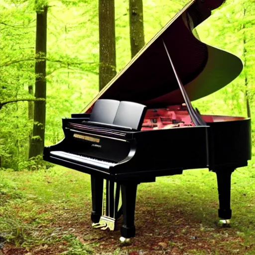 Prompt: a grand piano in a beautiful forest,