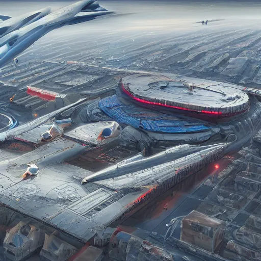 Prompt: Kazimierz Malewicz sci-fi motherboard airport view from above structure on the coronation of napoleon painting and digital billboard point cloud in the middle, unreal engine 5, keyshot, octane, artstation trending, ultra high detail, ultra realistic, cinematic, 8k, 16k, in style of zaha hadid, in style of nanospace, in plastic, dark, tilt shift,