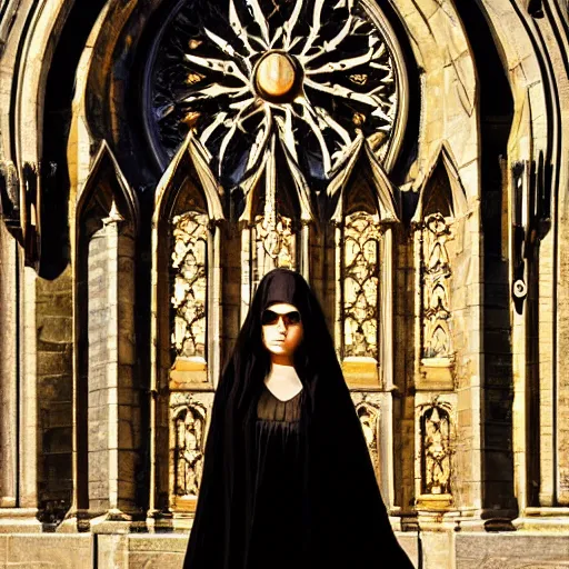 Image similar to a white marble gothic cathedral with mandala windows with sun reflection, golden hour, a gothic girl dressed in black with perfect face