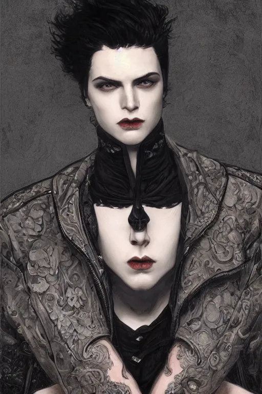 Image similar to a handsome man, short white hair, goth, intricate, elegant, dramatic lighting, gorgeous face, black leather jacket, highly detailed, lifelike, photorealistic, digital painting, artstation, illustration, concept art, smooth, sharp focus, art by John Collier and Albert Aublet and Krenz Cushart and Artem Demura and Alphonse Mucha