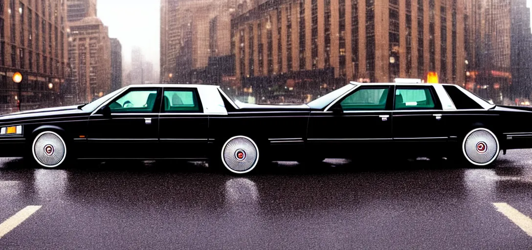 Image similar to hyper realistic, high detail real life photo of black 1 9 9 2 cadillac de ville, city streets wet, beautiful, dreary lighting