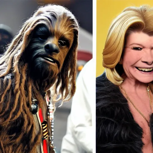 Prompt: snoop dogg as chewbacca and martha stewart as han solo in star wars