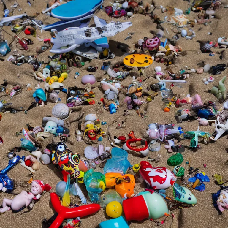 Prompt: surreal hyperrealistic photograph of a beach, toy dolls and parts of toy dolls strewn about, shot toward the ocean, wide shot, long shot