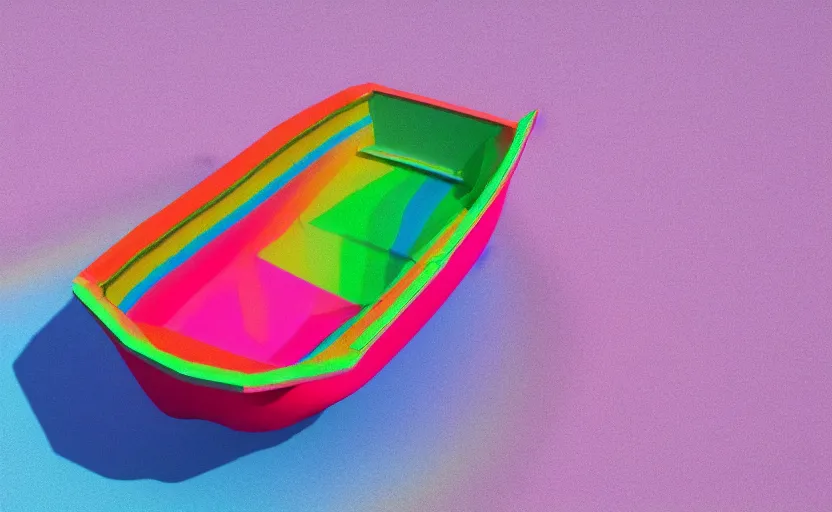 Image similar to a lush rainbow boat on a vast pink ocean, physically based render, substance painter, color theory