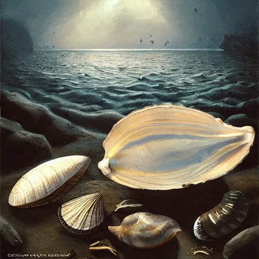 Image similar to bivalve, sea shell, mystery of the deep, quahogs. greg rutkowski, gustavo dore, national geographic, spiral, mollusc