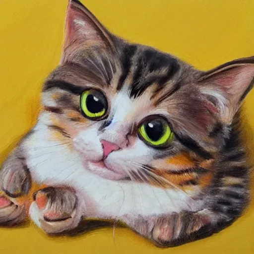 Image similar to expressive and detailed painting of a beautiful little adorable cat whose body is physically made of mustard, curling up very sweet