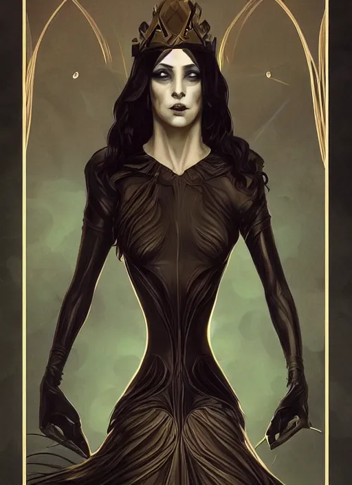 Image similar to tarot!!, high priestess, no noise, elegant, concept art, sharp focus, beautiful face!!, digital art, smooth defined outlines!!, human anatomy, human structure, vector background, dark fantasy, by Brom, trending on Artstation, Tom Bagshaw, Sargent